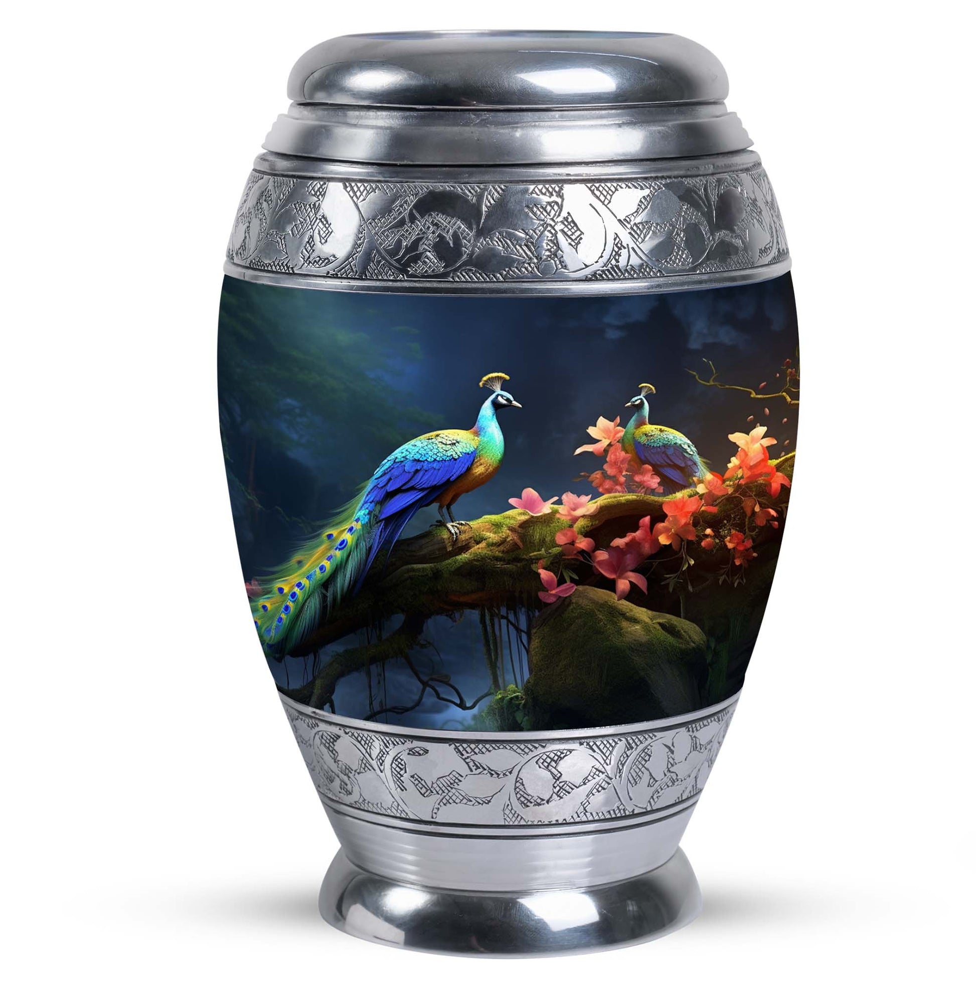 Peacock Due Face Off In Forest - Peacock Urn Teardrop Cremation Urn