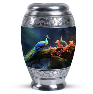 Peacock Due Face Off In Forest - Peacock Urn Teardrop Cremation Urn