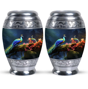 Peacock Due Face Off In Forest - Peacock Urn Teardrop Cremation Urn
