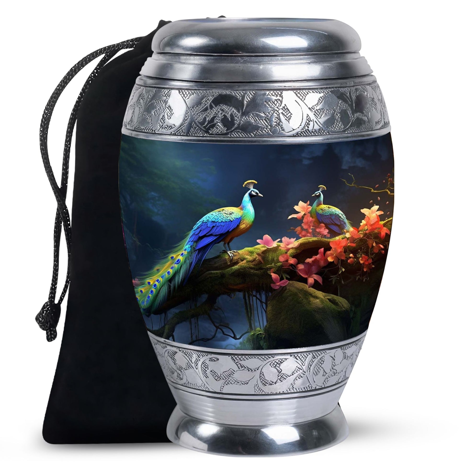 Peacock Due Face Off In Forest - Peacock Urn Teardrop Cremation Urn
