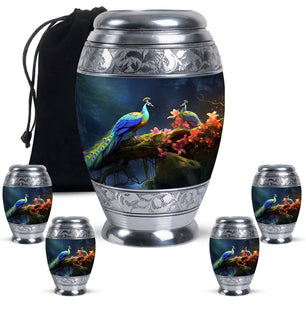 Peacock Due Face Off In Forest - Peacock Urn Teardrop Cremation Urn