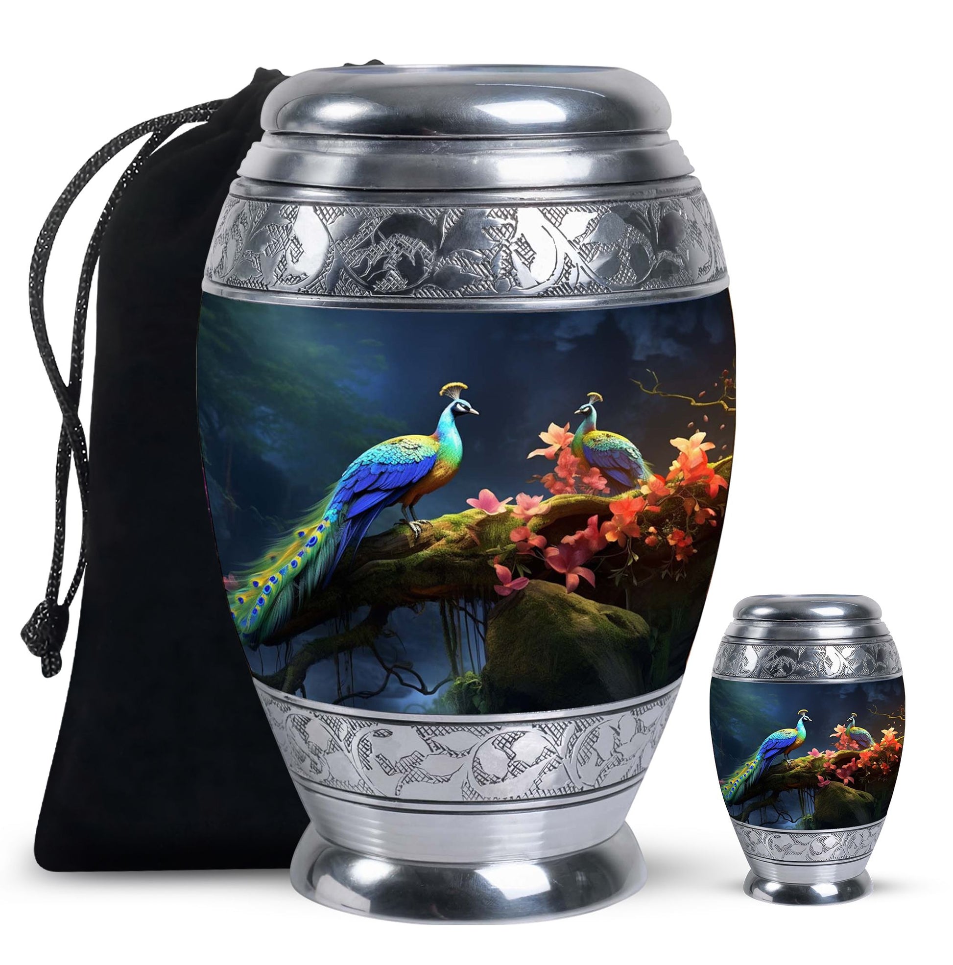 Peacock Due Face Off In Forest - Peacock Urn Teardrop Cremation Urn