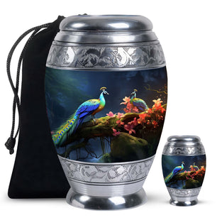 Peacock Due Face Off In Forest - Peacock Urn Teardrop Cremation Urn