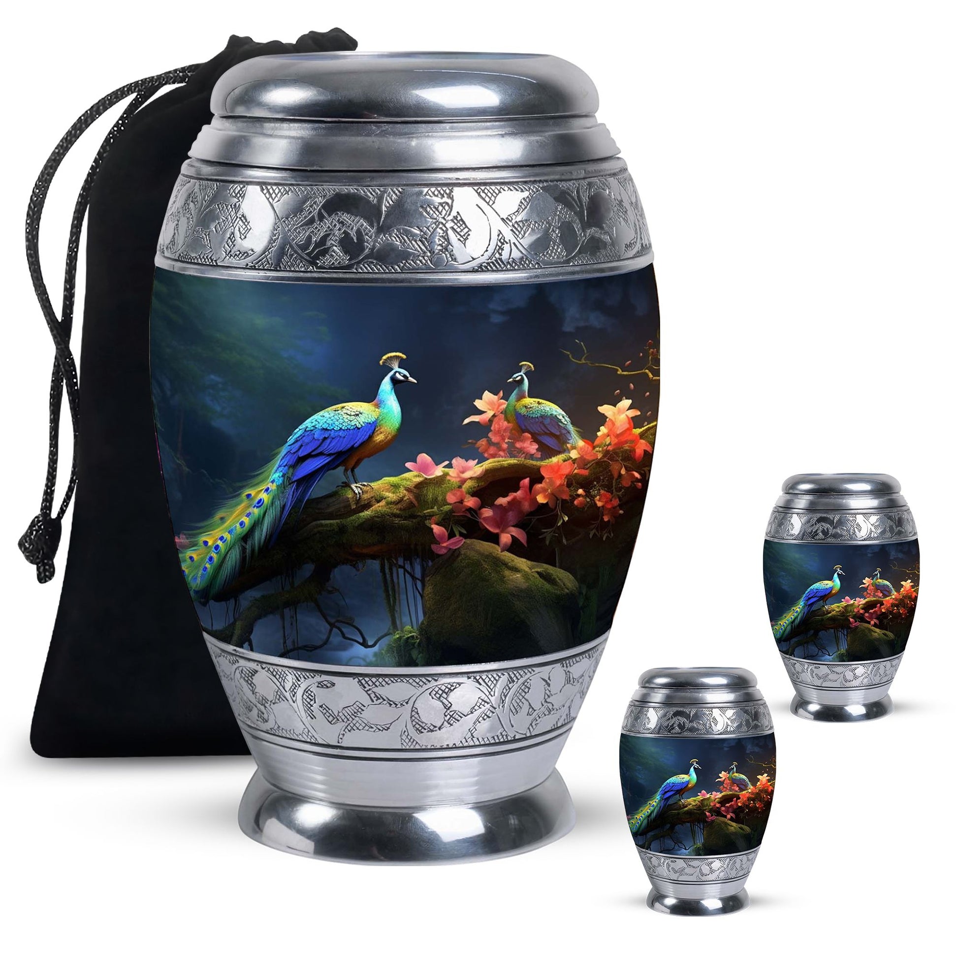 Peacock Due Face Off In Forest - Peacock Urn Teardrop Cremation Urn