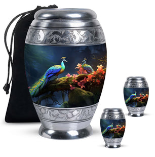 Peacock Due Face Off In Forest - Peacock Urn Teardrop Cremation Urn
