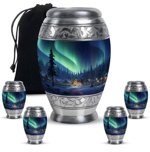 Aurora Borealiss Above The Snowy Village Teardrop, Heart Cremation Urn