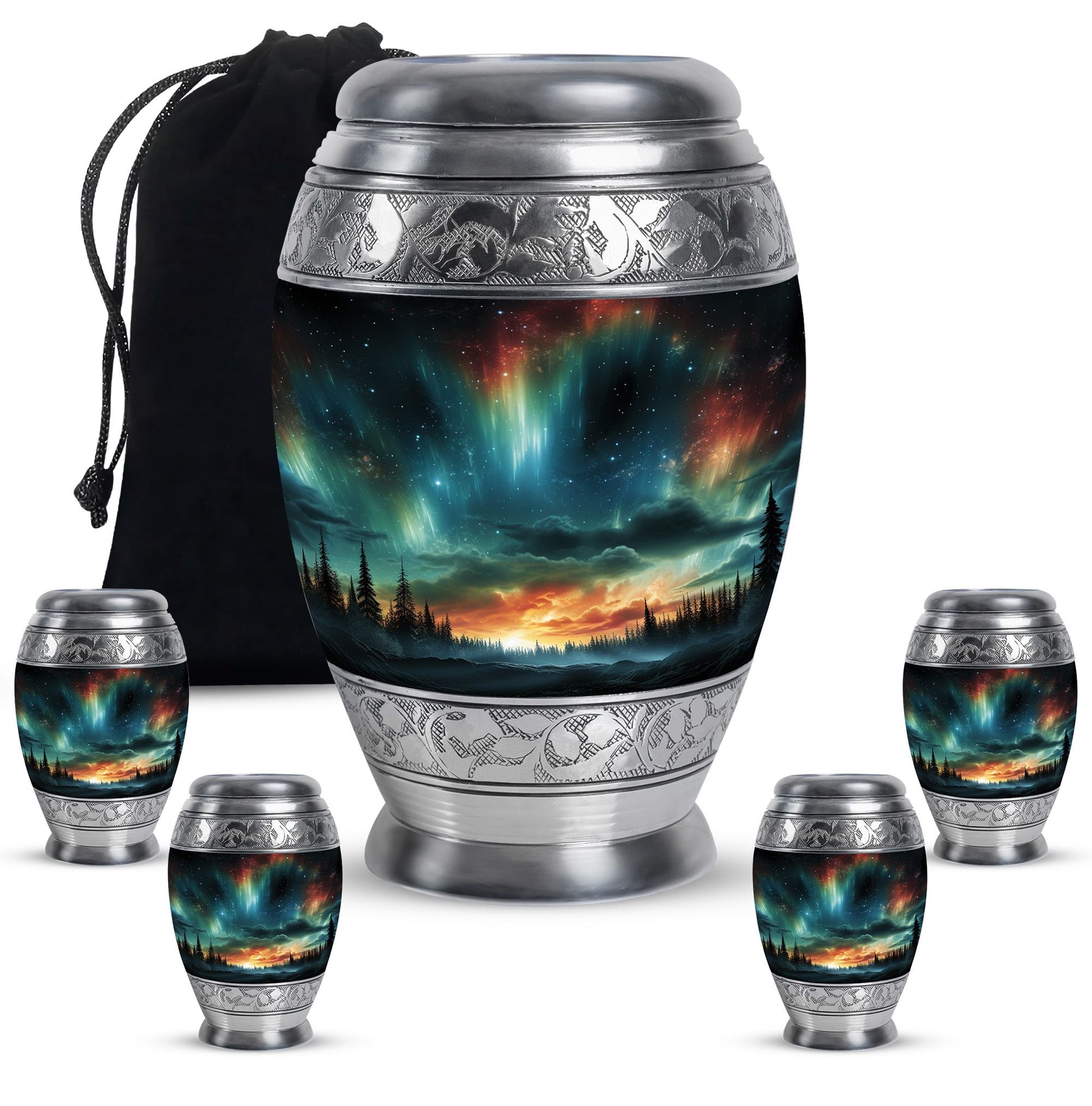 The Forest's Luminous Veil - Northern Lights Teardrop, Heart Shape Urn