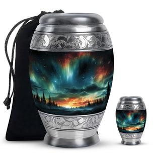 The Forest's Luminous Veil - Northern Lights Teardrop, Heart Shape Urn