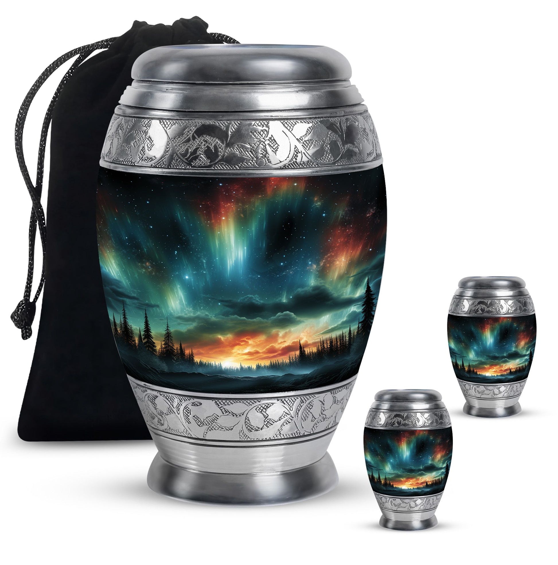 The Forest's Luminous Veil - Northern Lights Teardrop, Heart Shape Urn