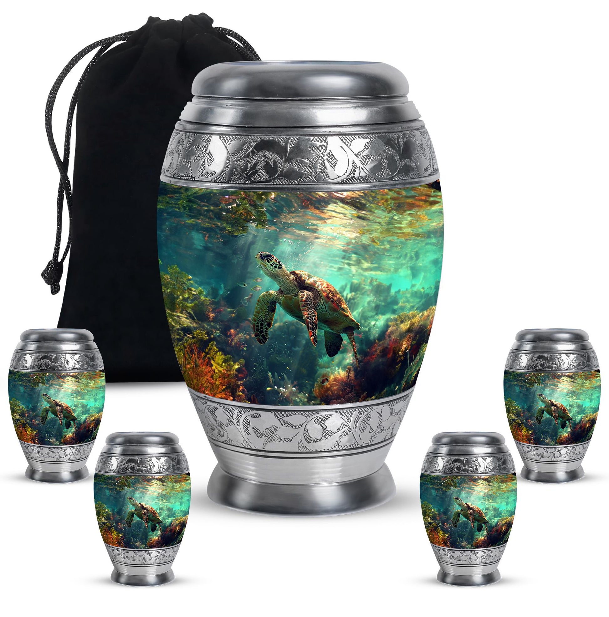 Tortoise Theme Large Urn With 4 Keepsake Urn
