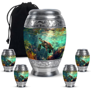 Tortoise Theme Large Urn With 4 Keepsake Urn