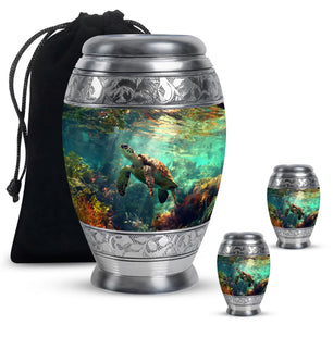 Tortoise Theme Large Urn With 2 Keepsake Urn