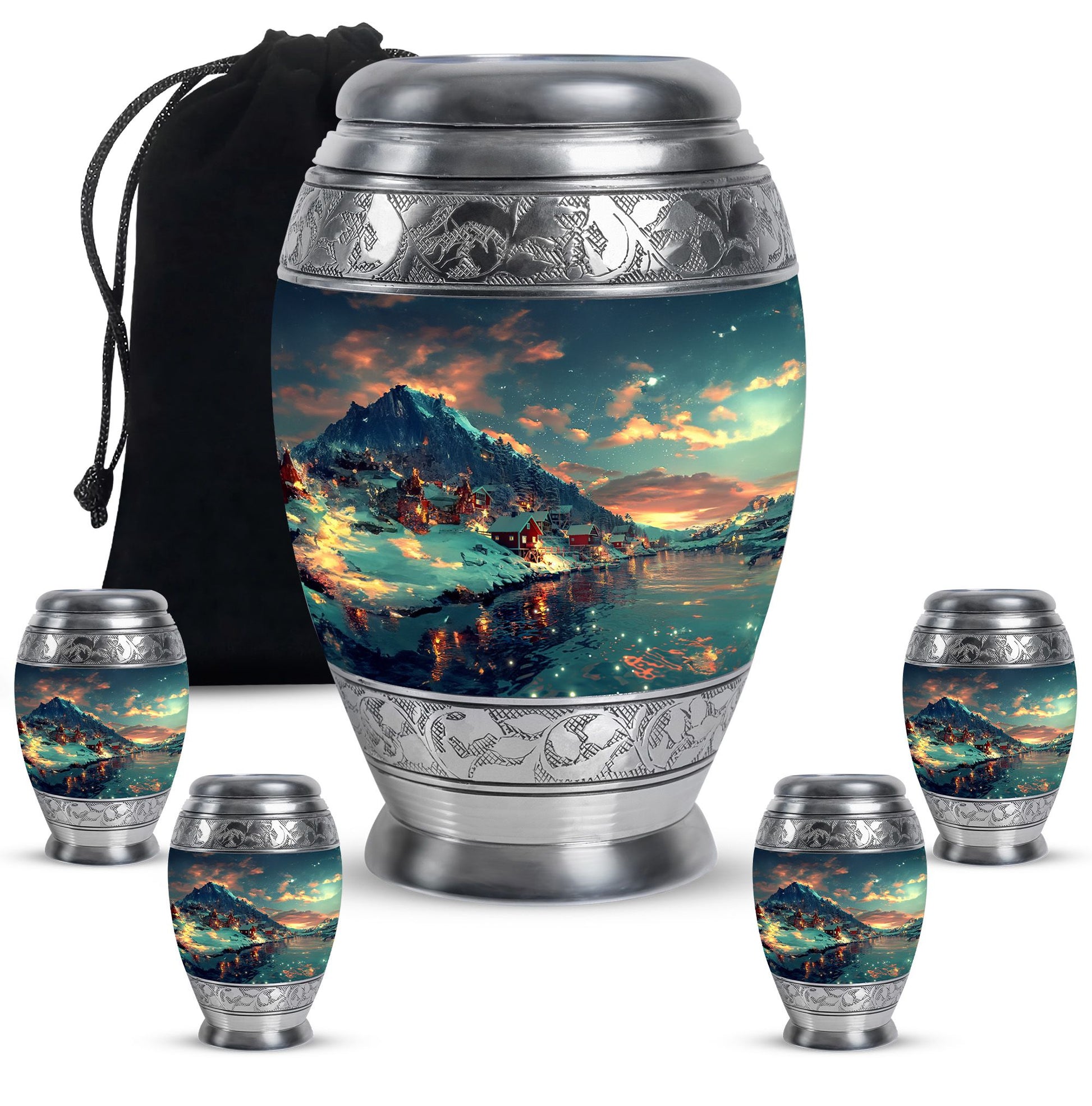 Majestic Sky Theme Large Urn With 4 Keepsake Urn