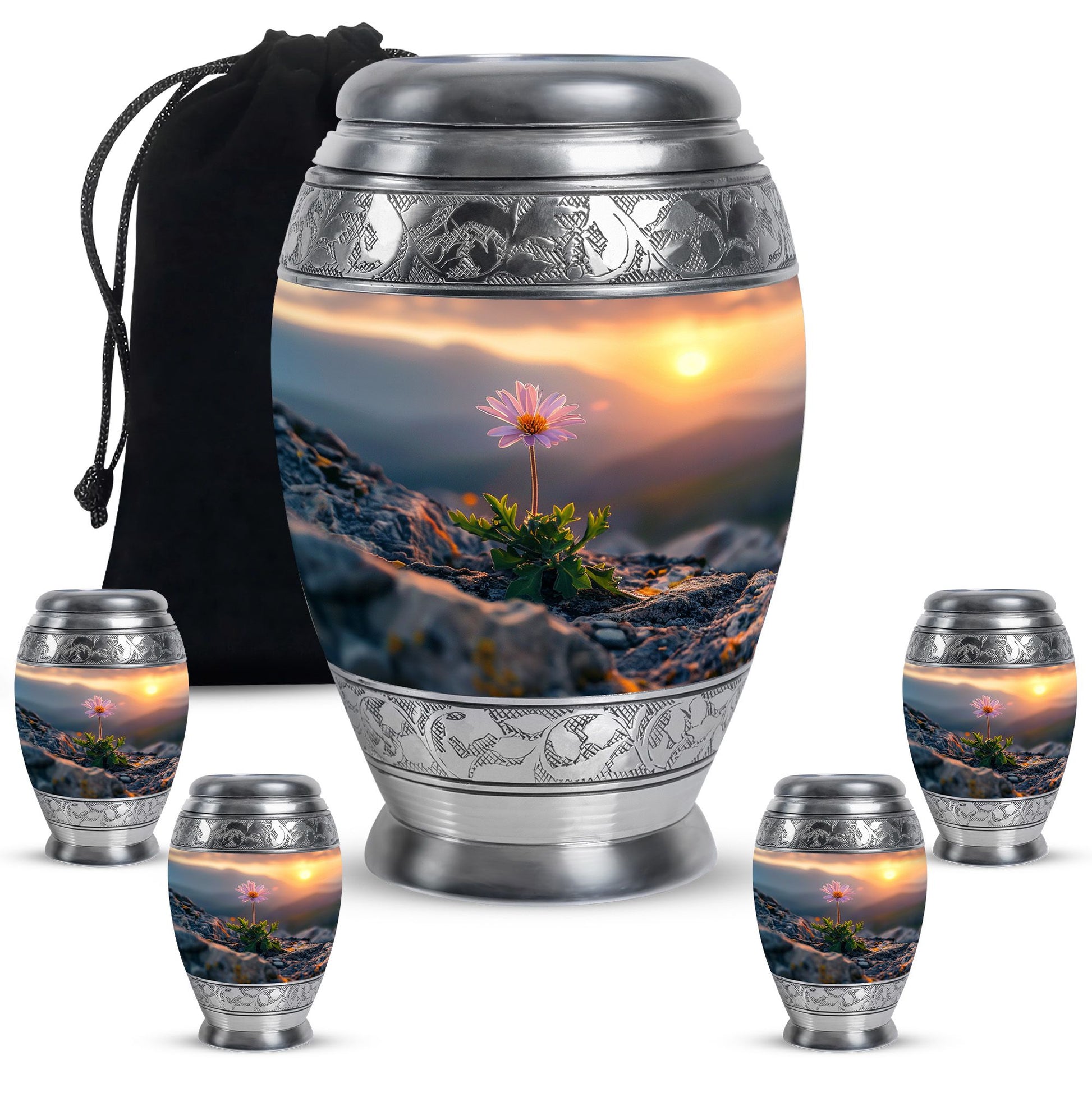 Flower Theme Large Urn With 4 Keepsake Urn