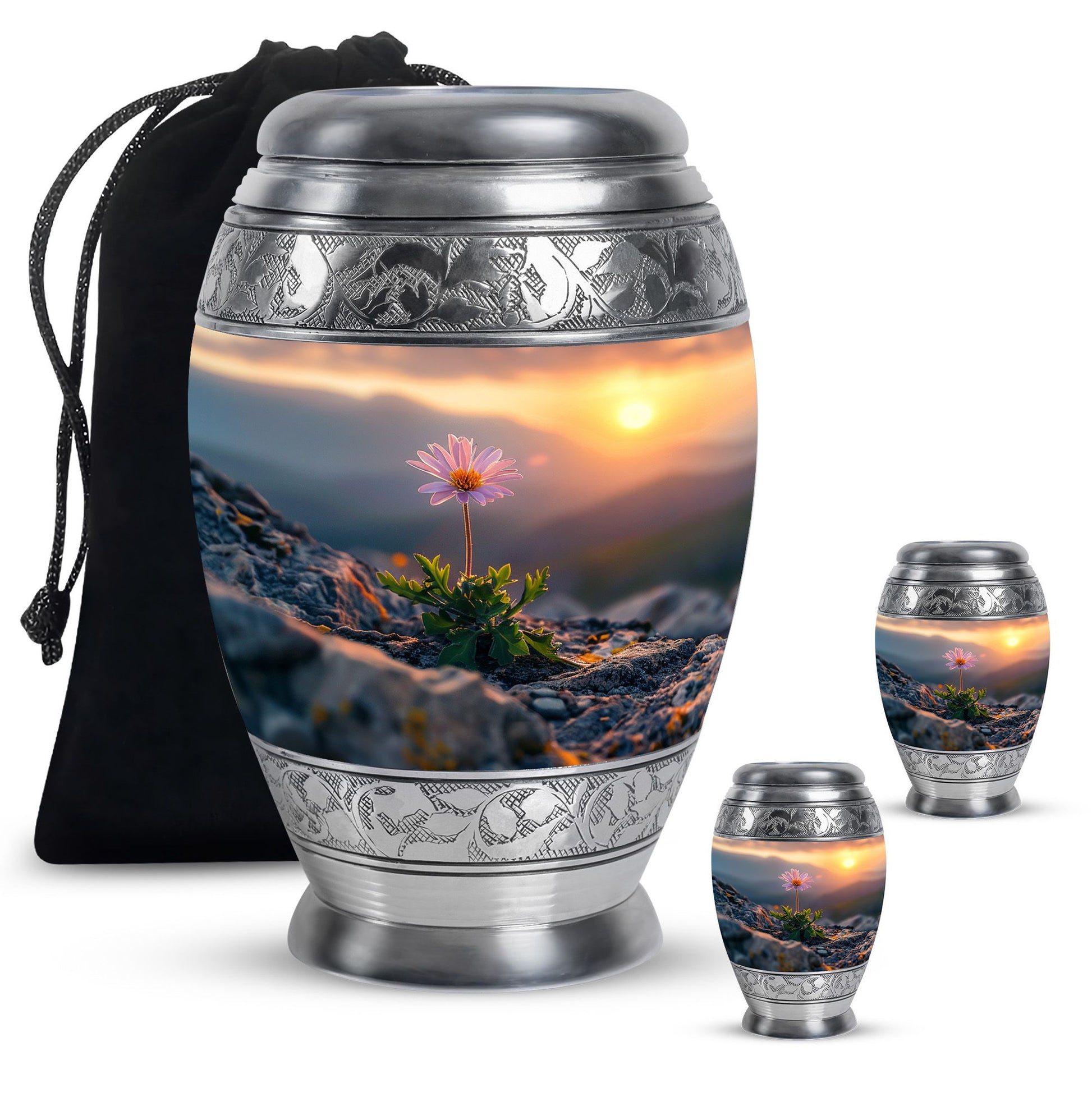 Flower Theme Large Urn With 2 Keepsake Urn