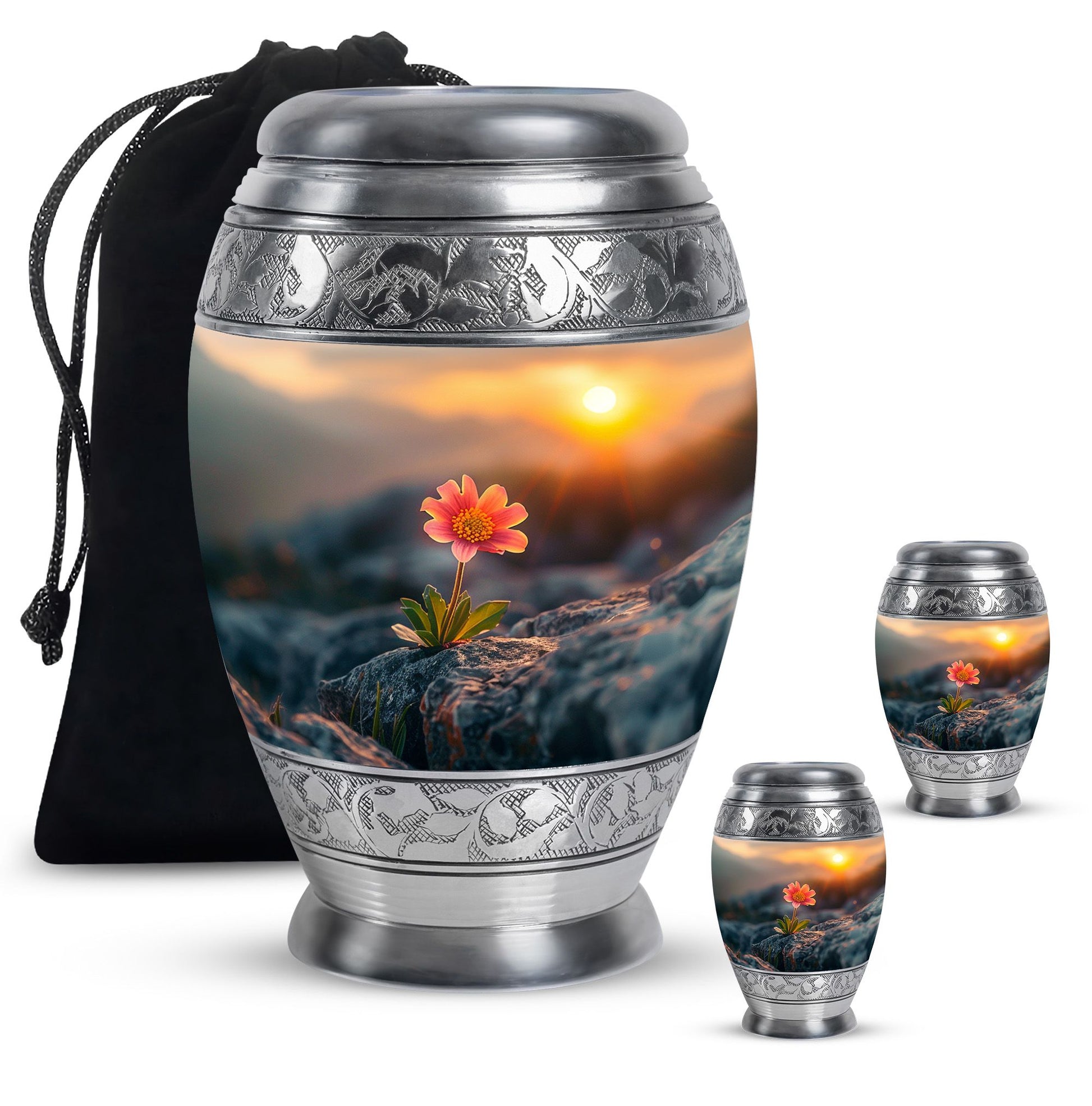 Flower Theme Large Urn With 2 Keepsake Urn