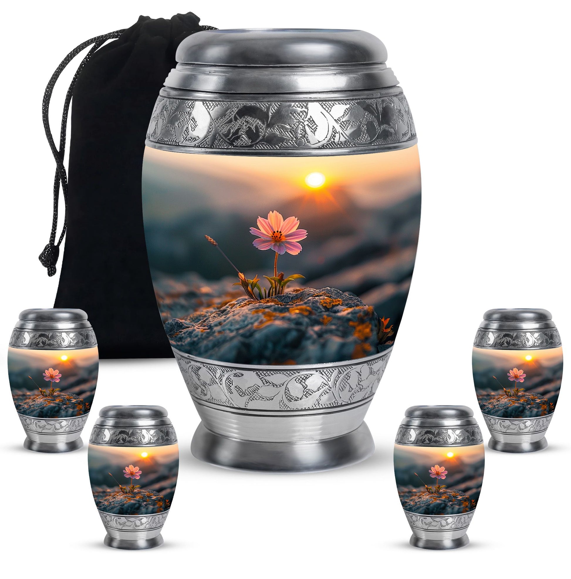 Flower Theme Large Urn With 4 Keepsake Urn