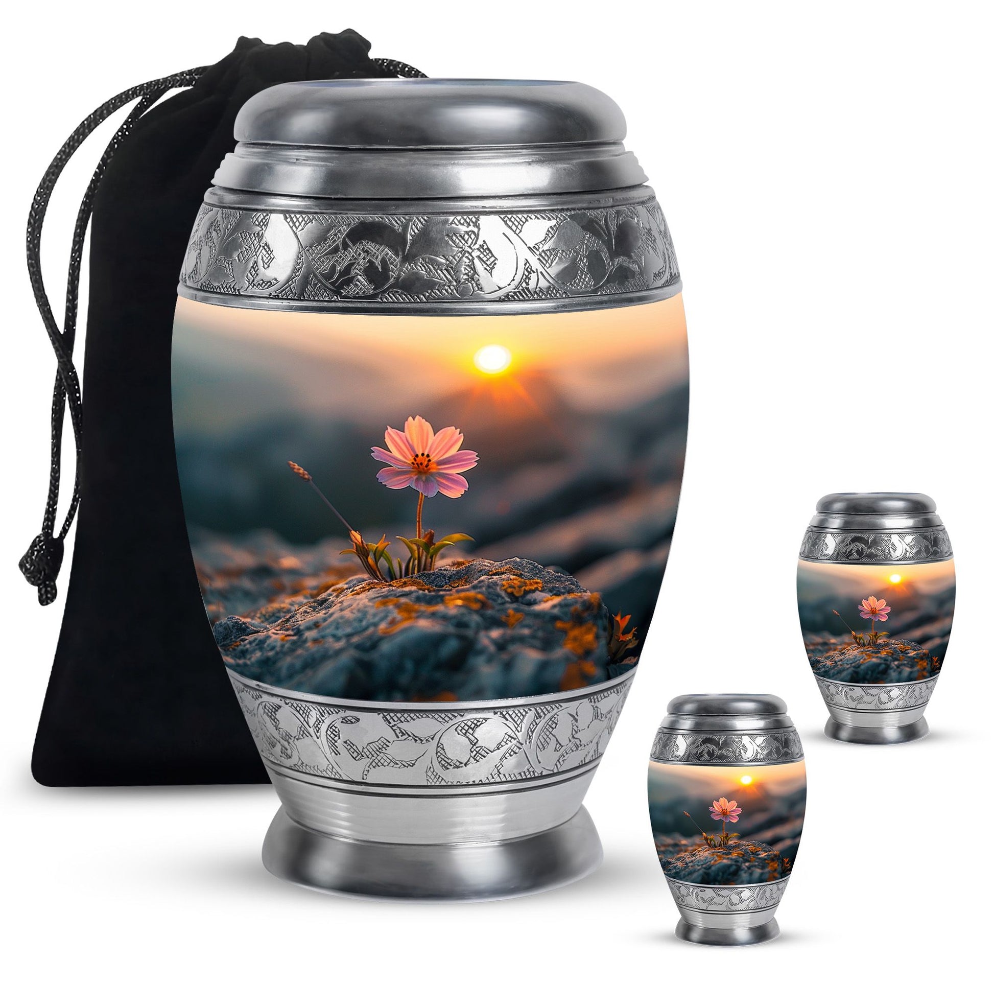 Flower Theme Large Urn With 2 Keepsake Urn