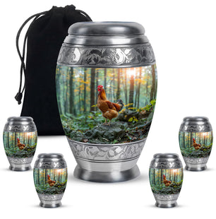 Chicken Theme Large Urn With 4 Keepsake Urn