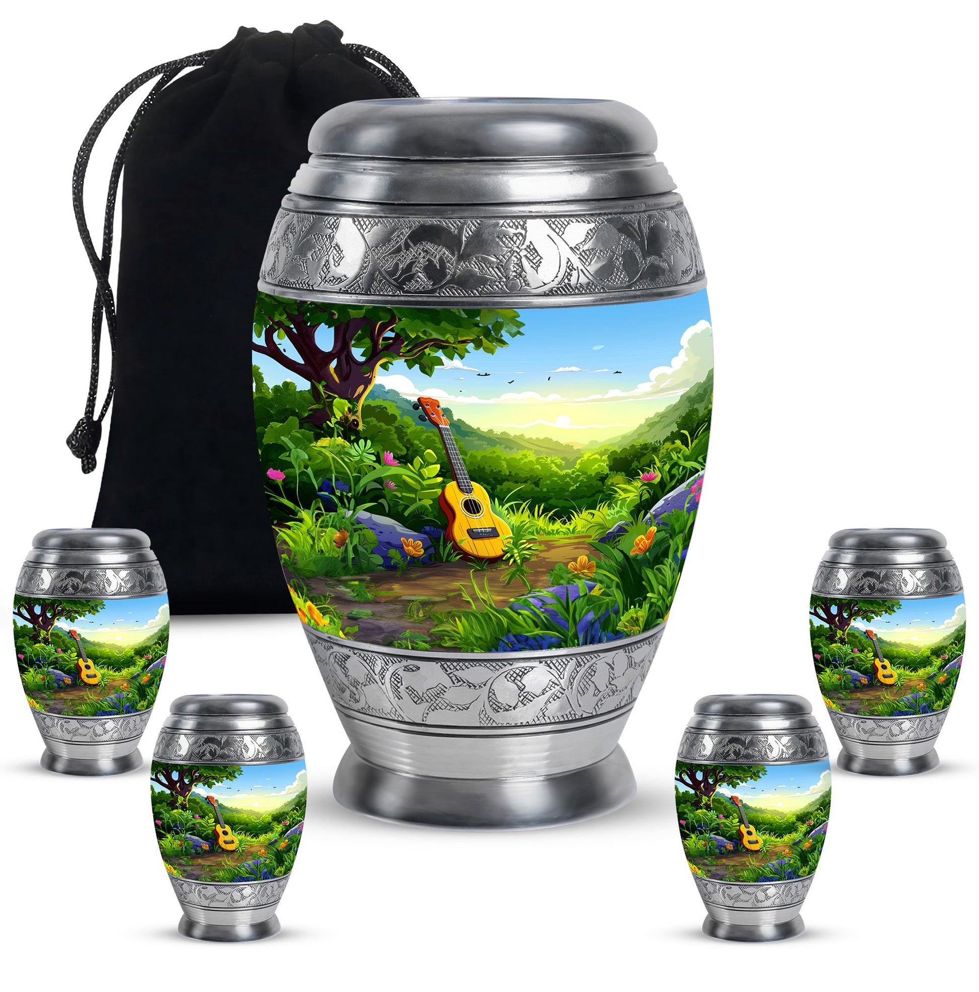 Guitar Theme Large Urn With 4 Keepsake Urn