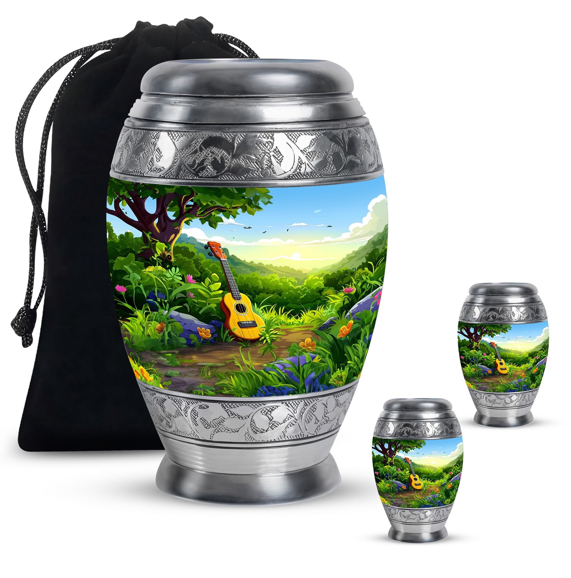 Guitar Theme Large Urn With 2 Keepsake Urn