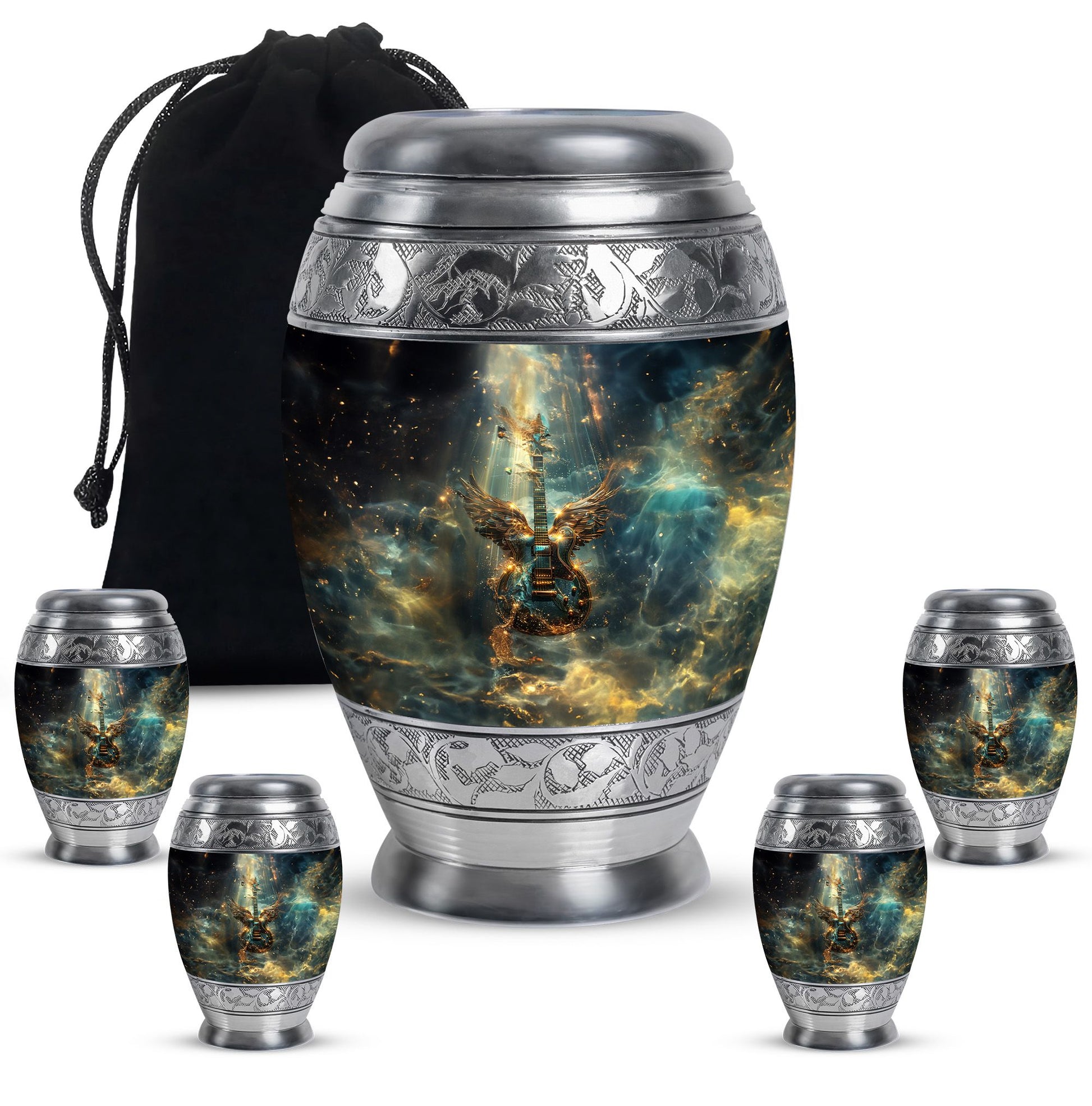Guitar Theme Large Urn With 4 Keepsake Urn