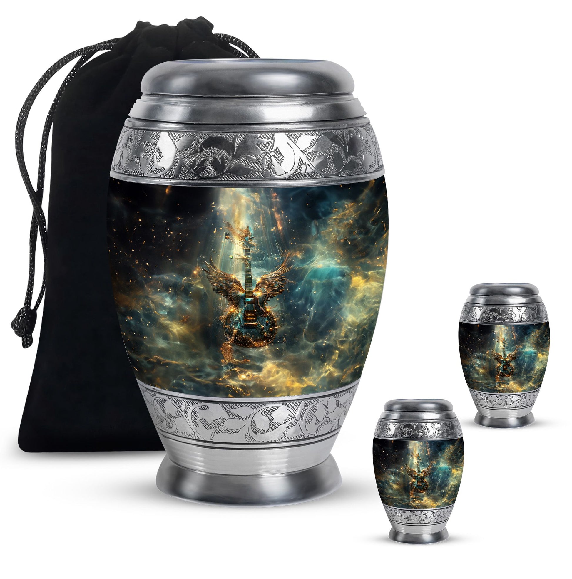 Guitar Theme Large Urn With 2 Keepsake Urn