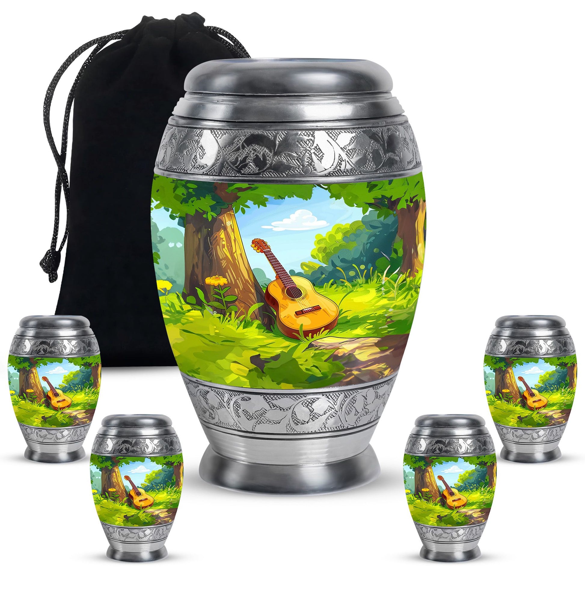 Guitar Theme Large Urn With 4 Keepsake Urn