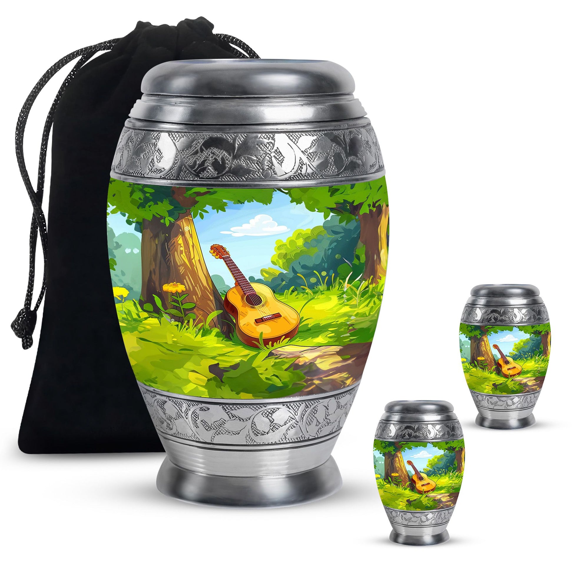 Guitar Theme Large Urn With 2 Keepsake Urn