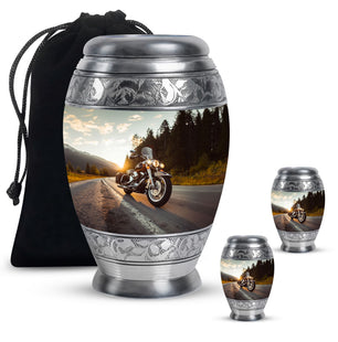 Bike Theme Large Urn With 2 Keepsake Urn