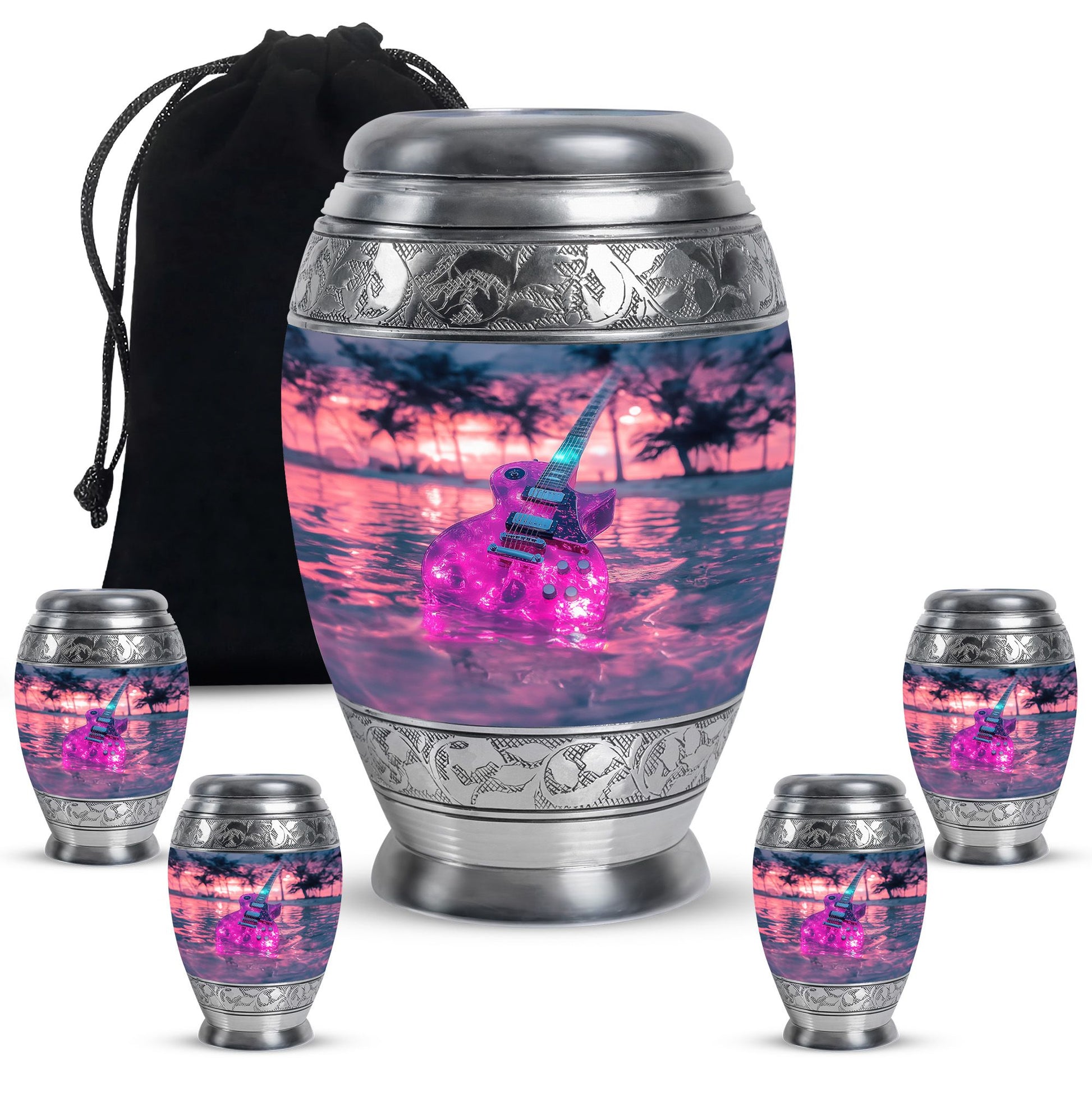 Guitar Theme Large Urn With 4 Keepsake Urn