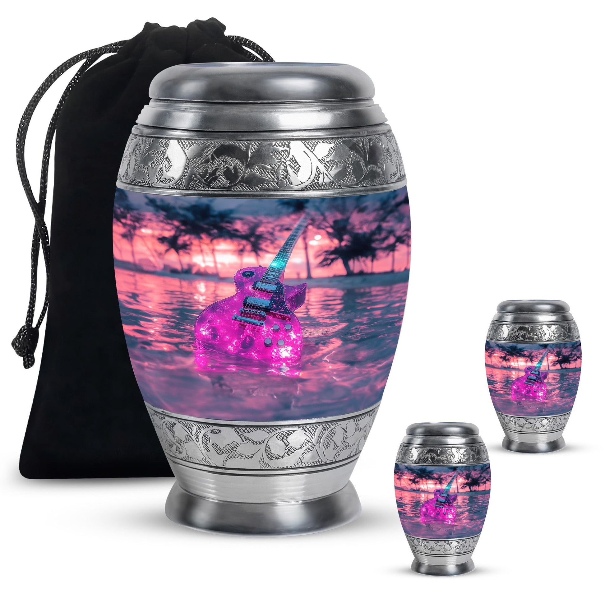 Guitar Theme Large Urn With 2 Keepsake Urn