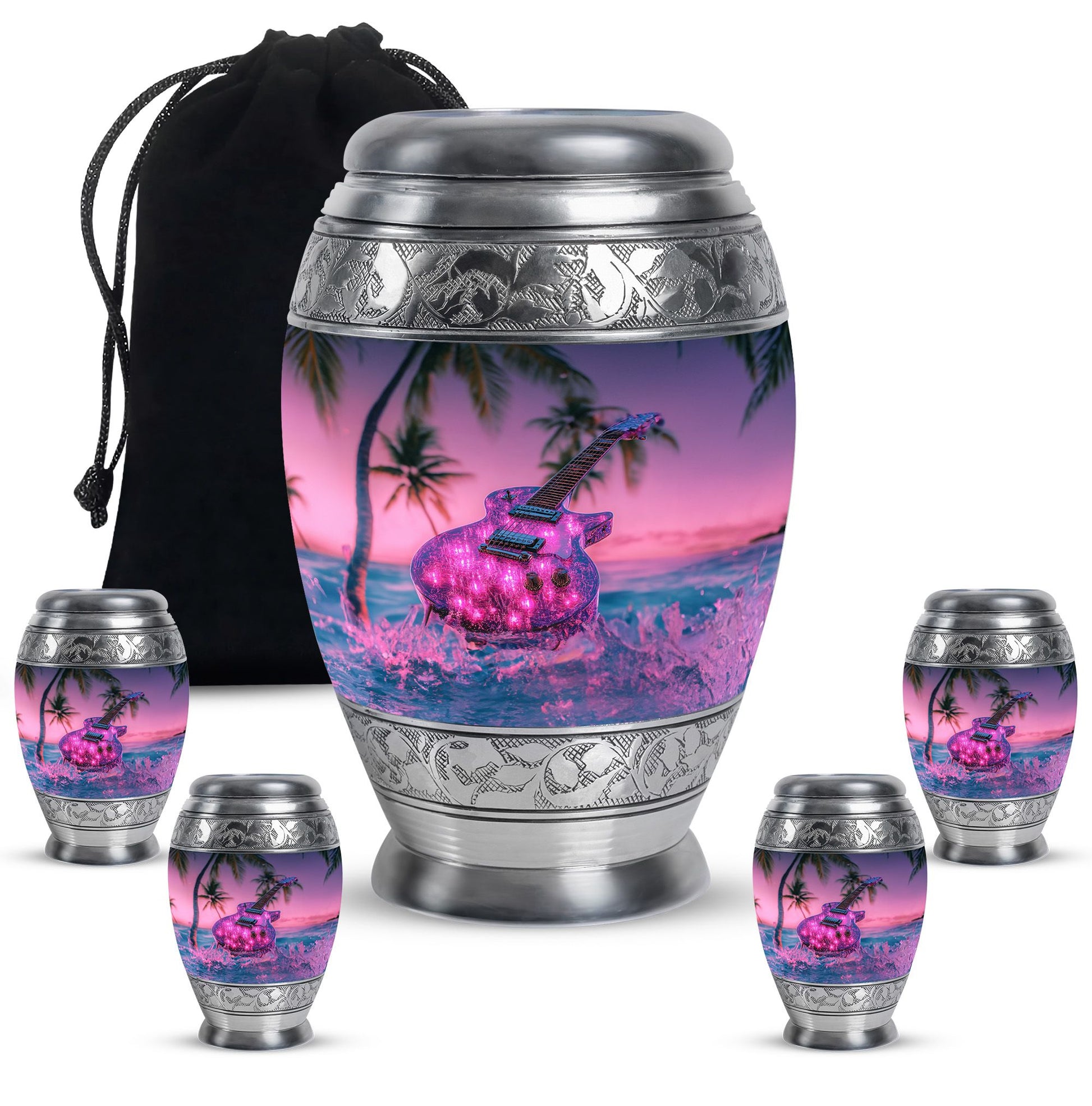 Guitar Theme Large Urn With 4 Keepsake Urn