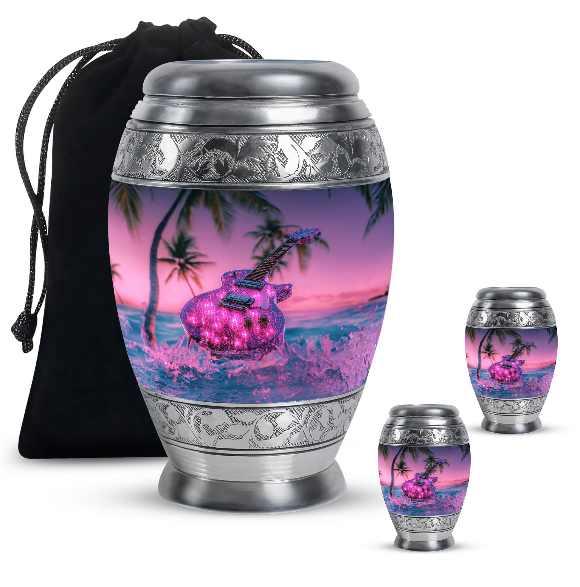 Guitar Theme Large Urn With 2 Keepsake Urn