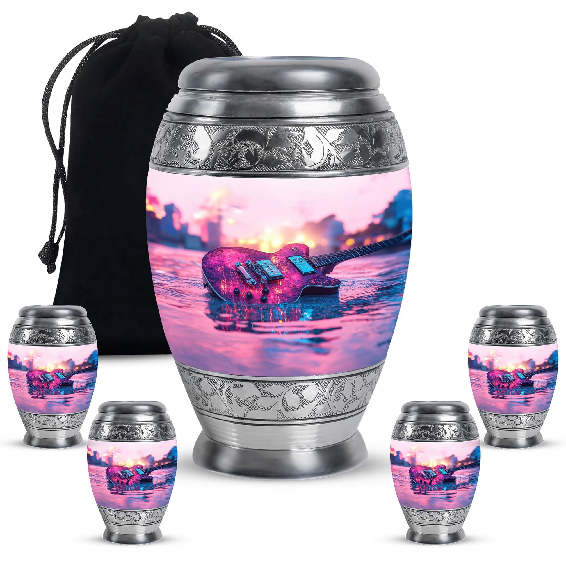 Guitar Theme Large Urn With 4 Keepsake Urn