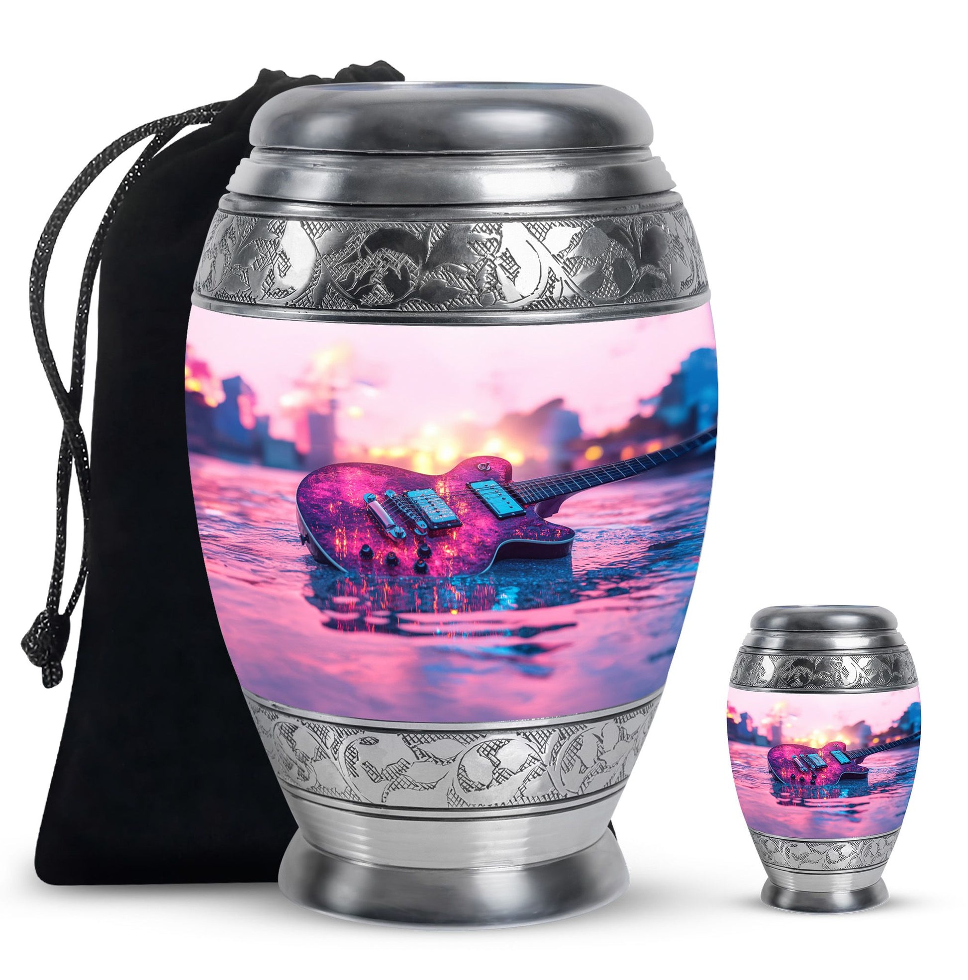 Guitar Theme Large Urn With 1 Keepsake Urn