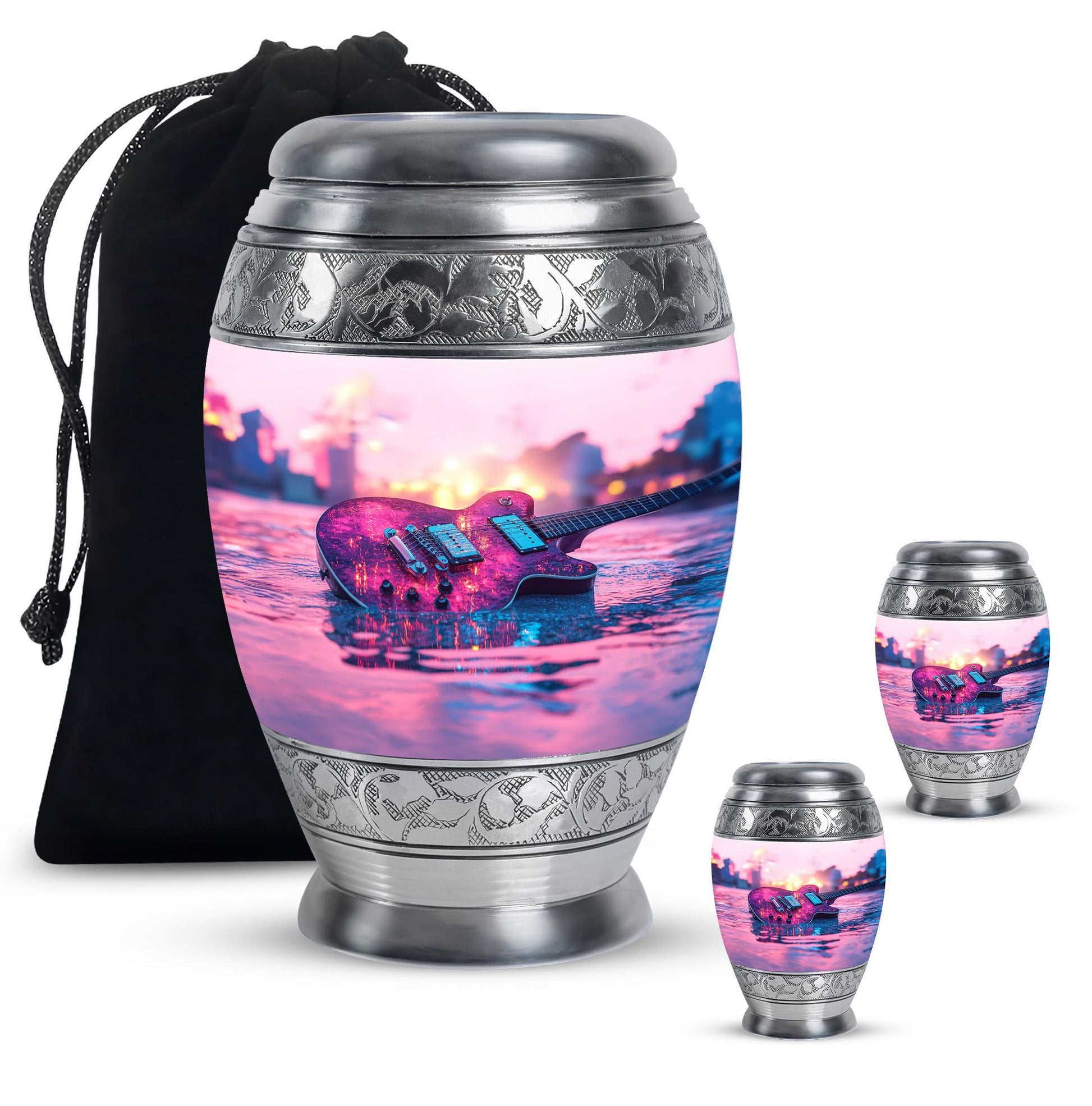 Guitar Theme Large Urn With 2 Keepsake Urn