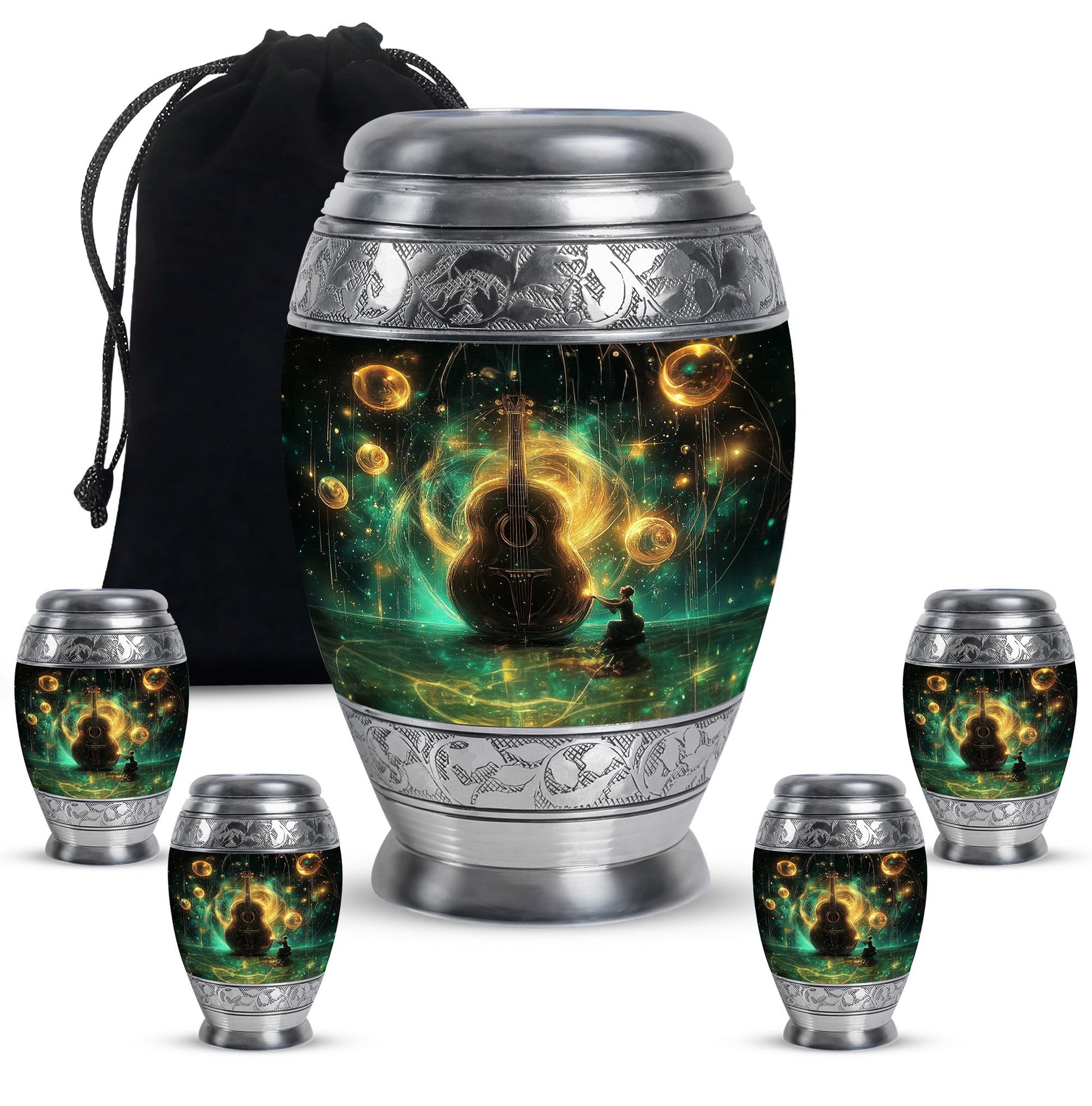 Guitar Theme Large Urn With 4 Keepsake Urn