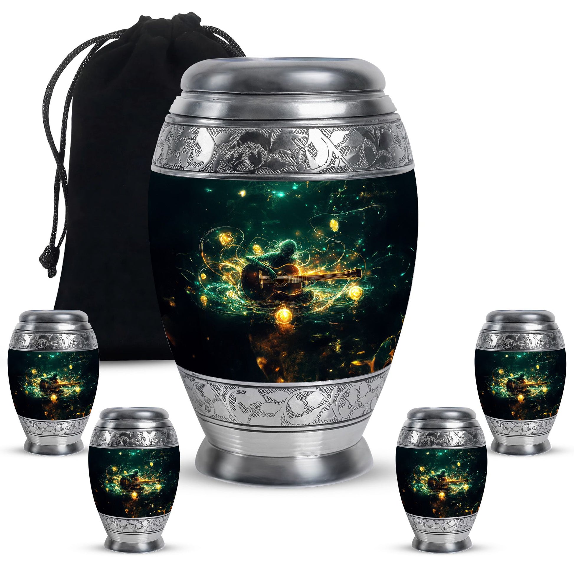 Guitar Theme Large Urn With 4 Keepsake Urn