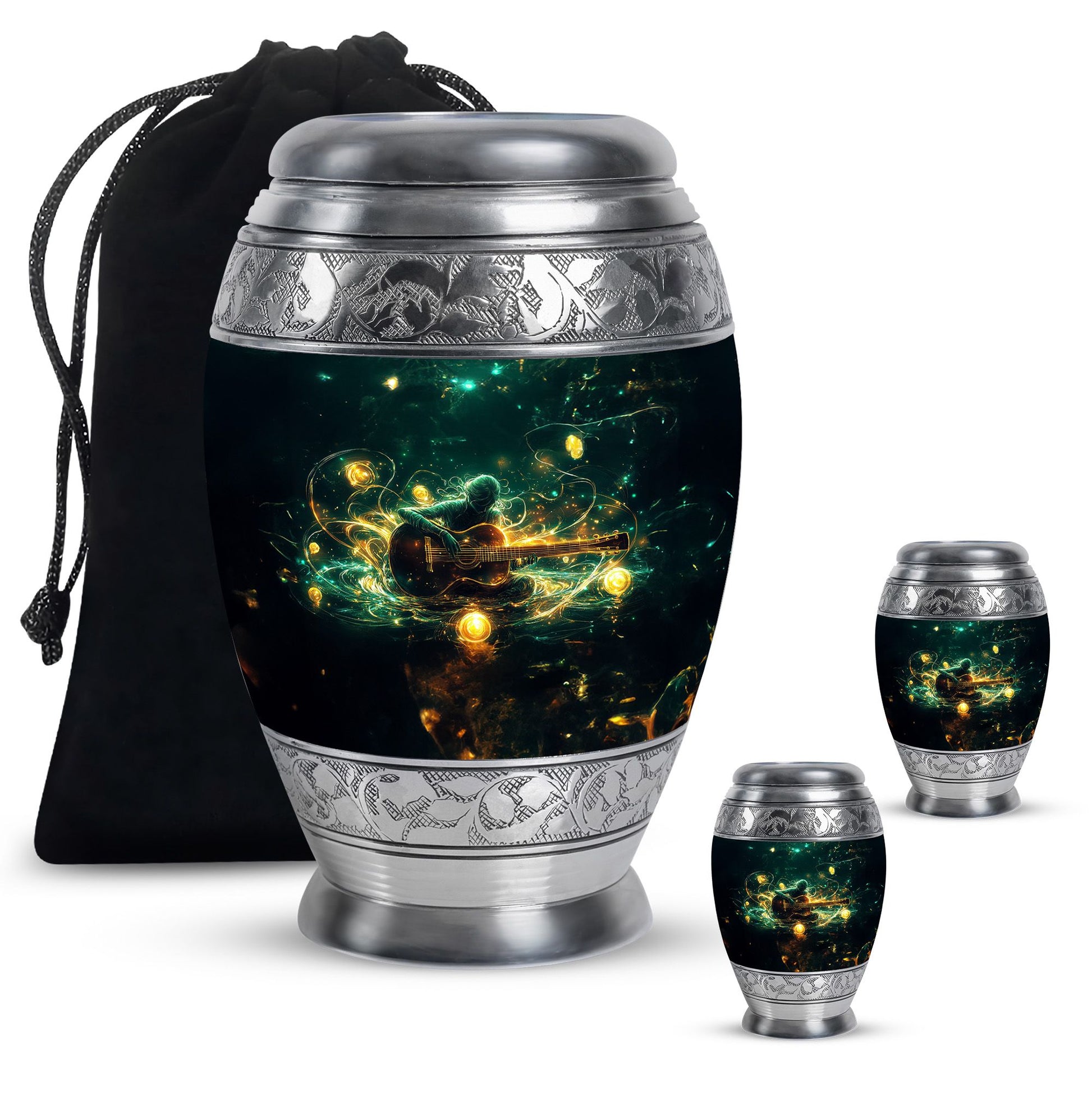 Guitar Theme Large Urn With 2 Keepsake Urn