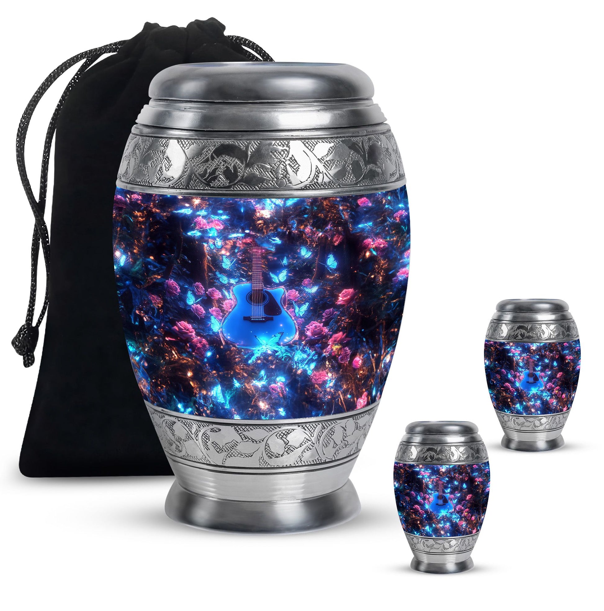 Guitar Theme Large Urn With 2 Keepsake Urn