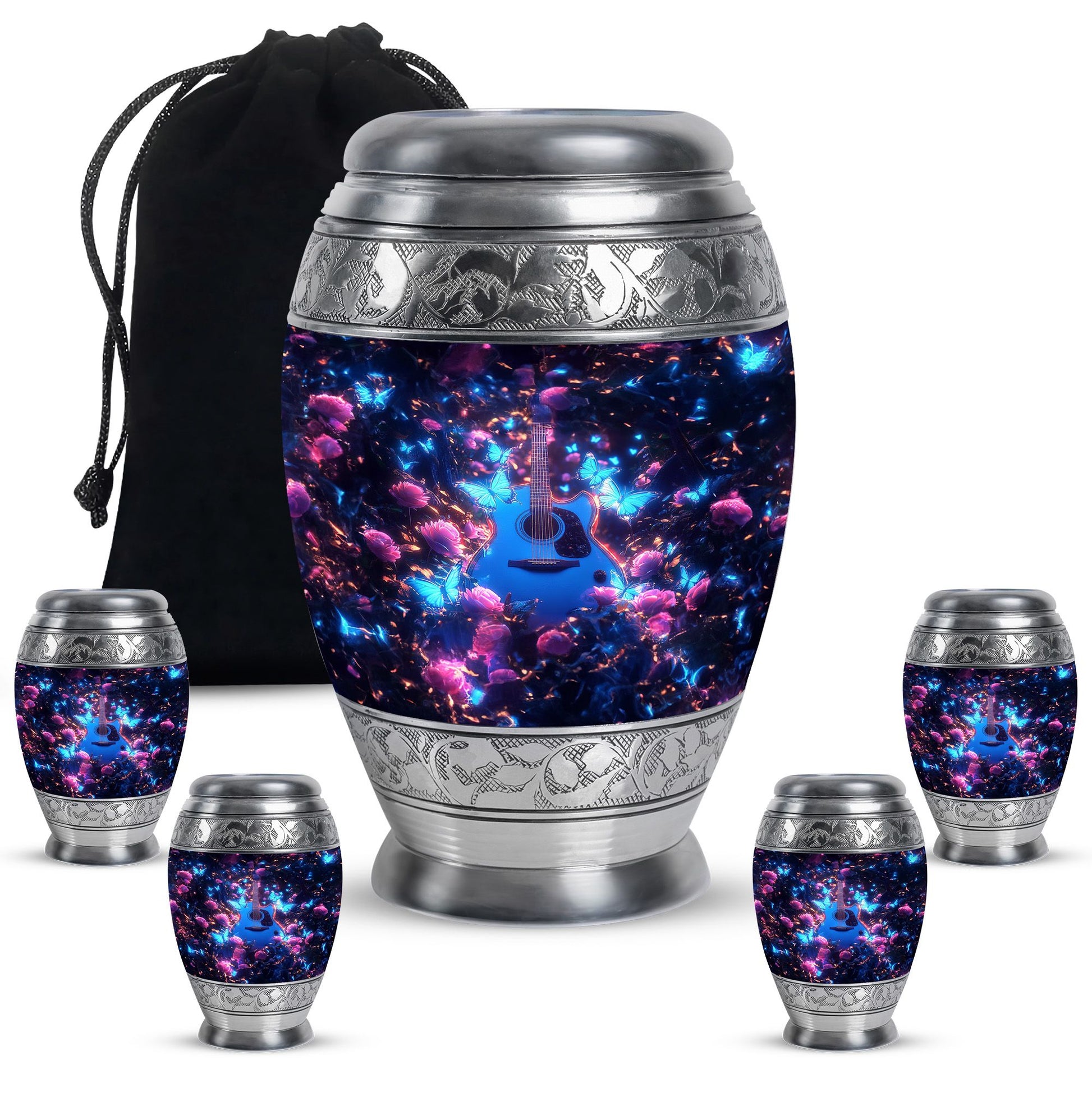 Guitar Theme Large Urn With 4 Keepsake Urn