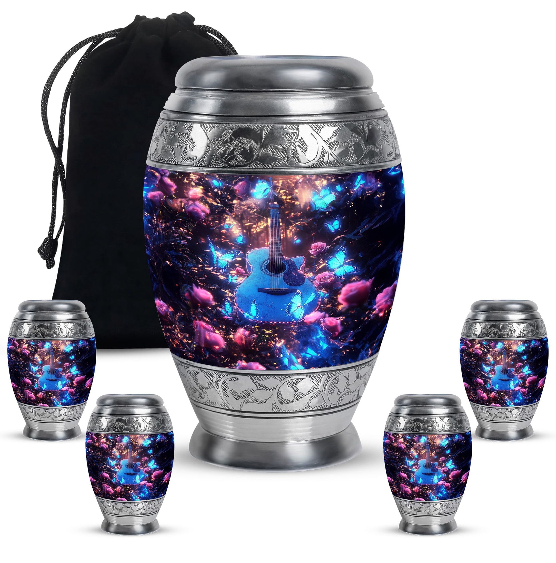 Guitar Theme Large Urn With 4 Keepsake Urn