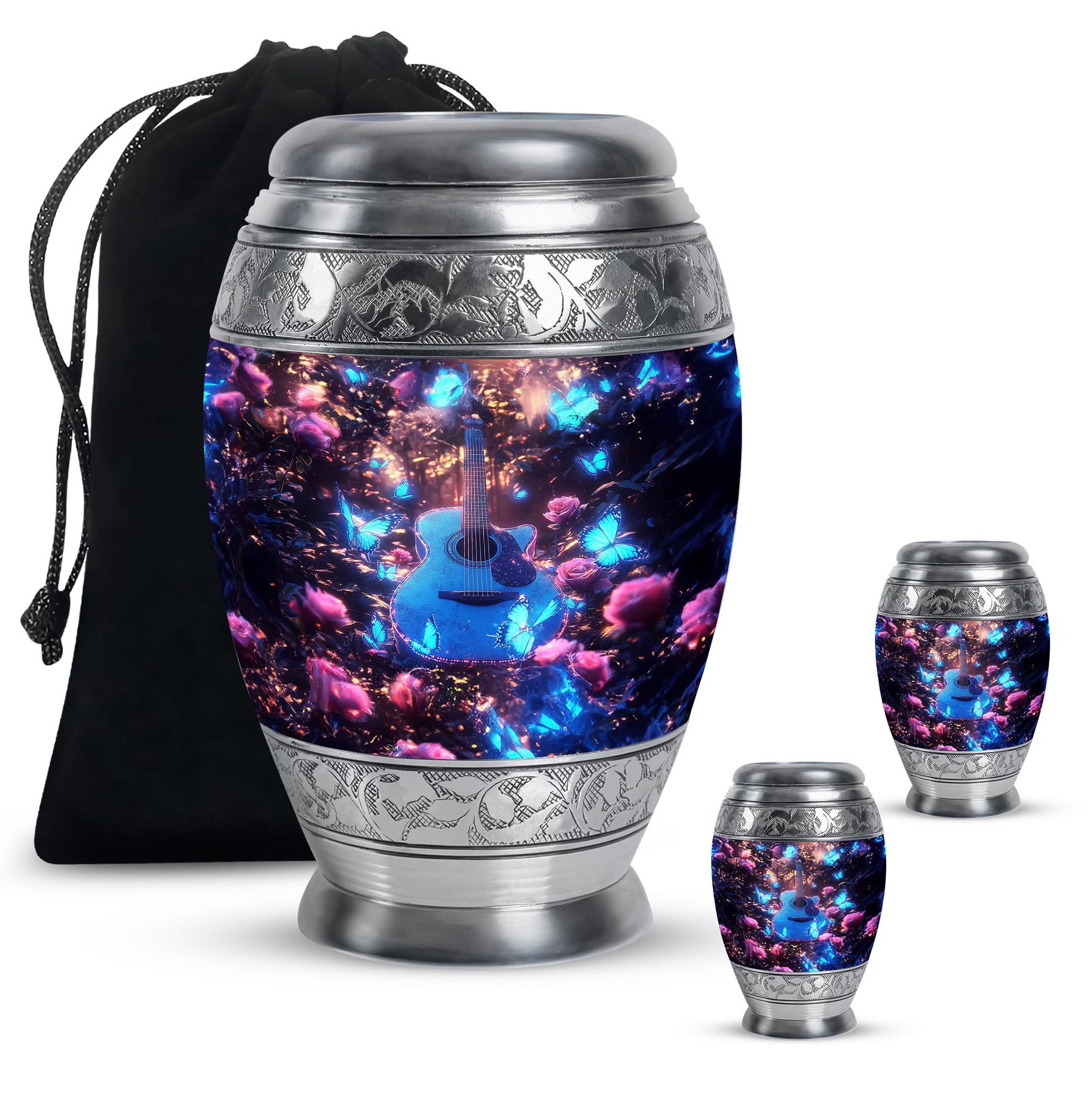 Guitar Theme Large Urn With 2 Keepsake Urn