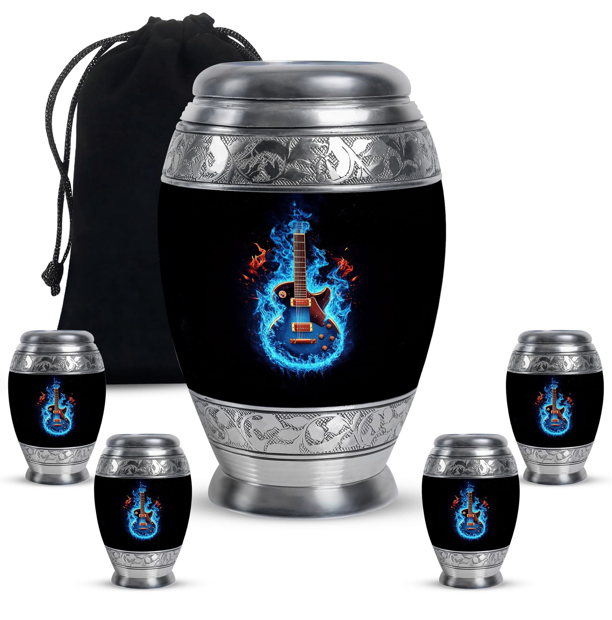 Guitar Theme Large Urn With 4 Keepsake Urn
