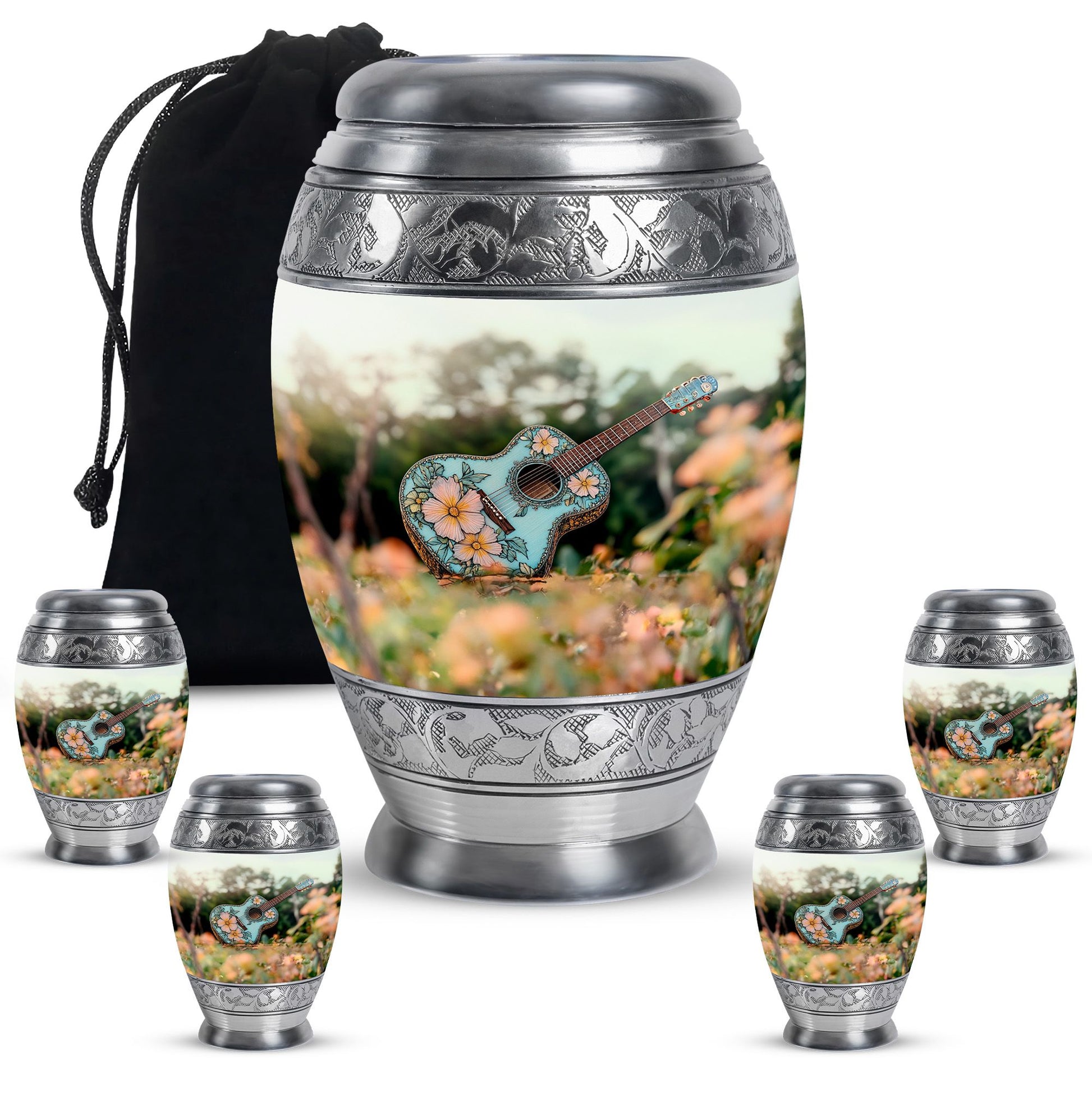 Guitar Theme Large Urn With 4 Keepsake Urn