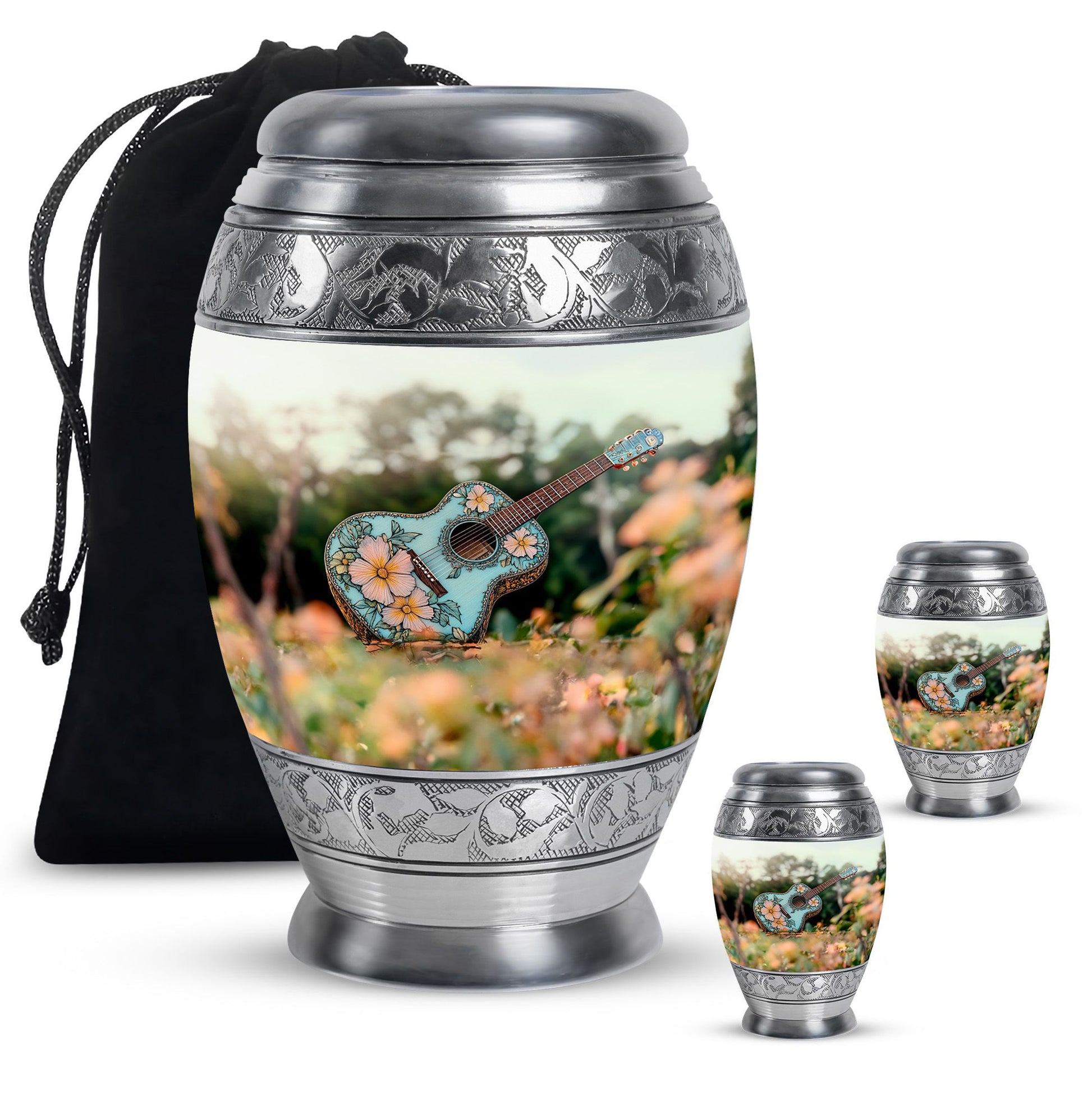 Guitar Theme Large Urn With 2 Keepsake Urn