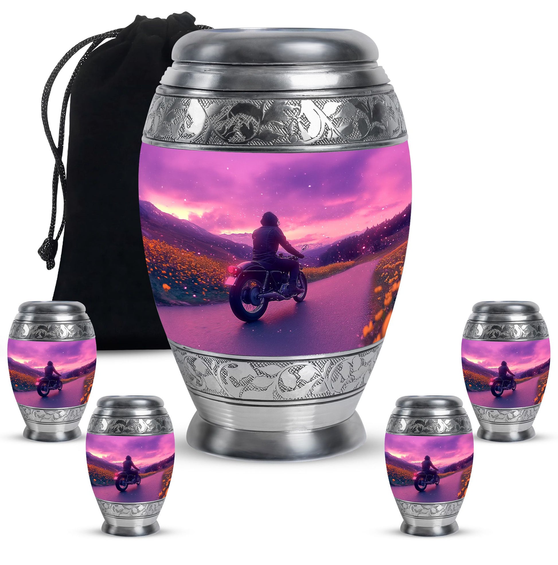 Motorbike Riders Theme Large Urn With 4 Keepsake Urn