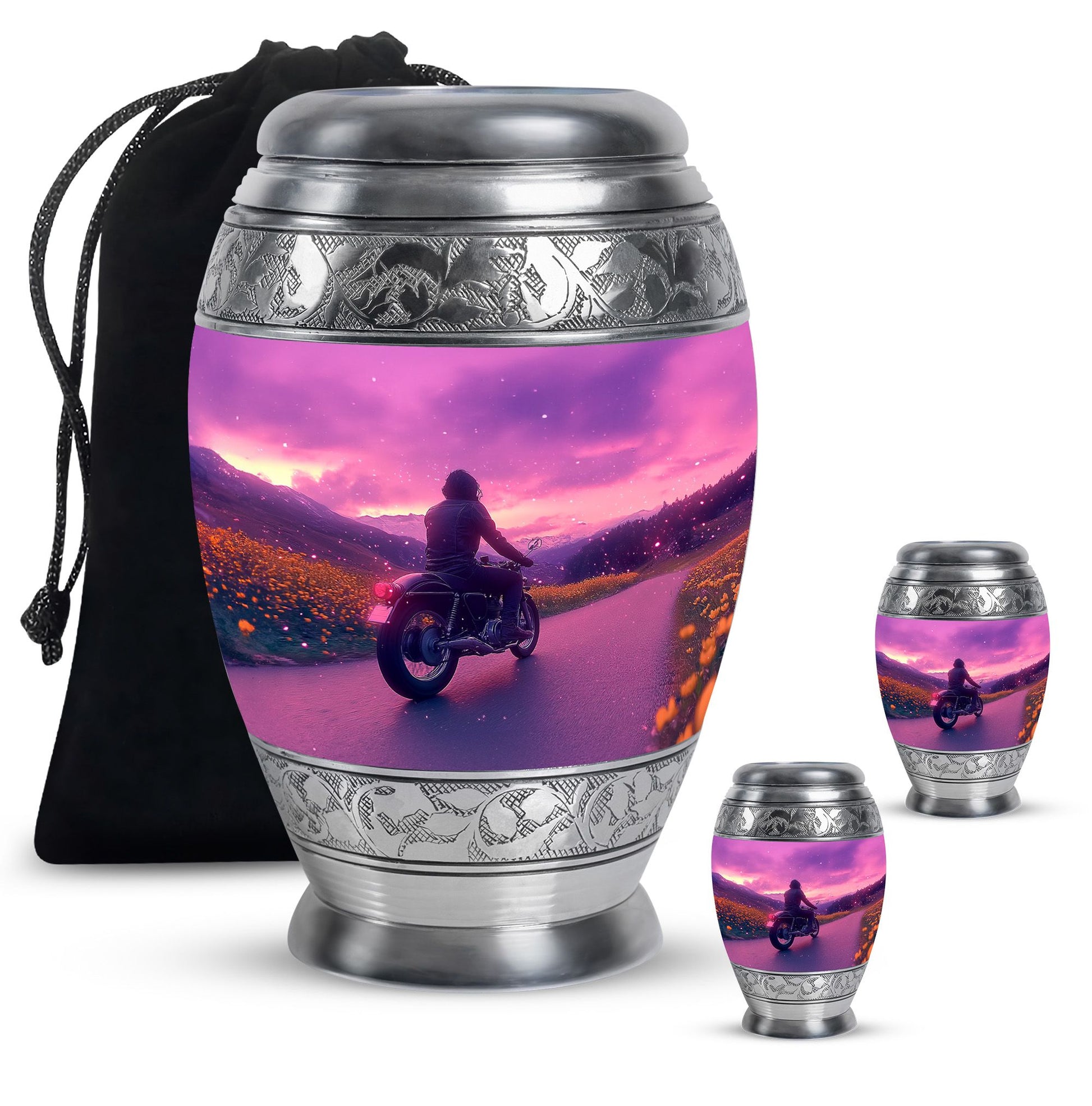 Motorbike Riders Theme Large Urn With 2 Keepsake Urn