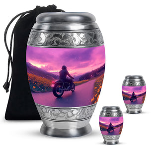 Motorbike Riders Theme Large Urn With 2 Keepsake Urn